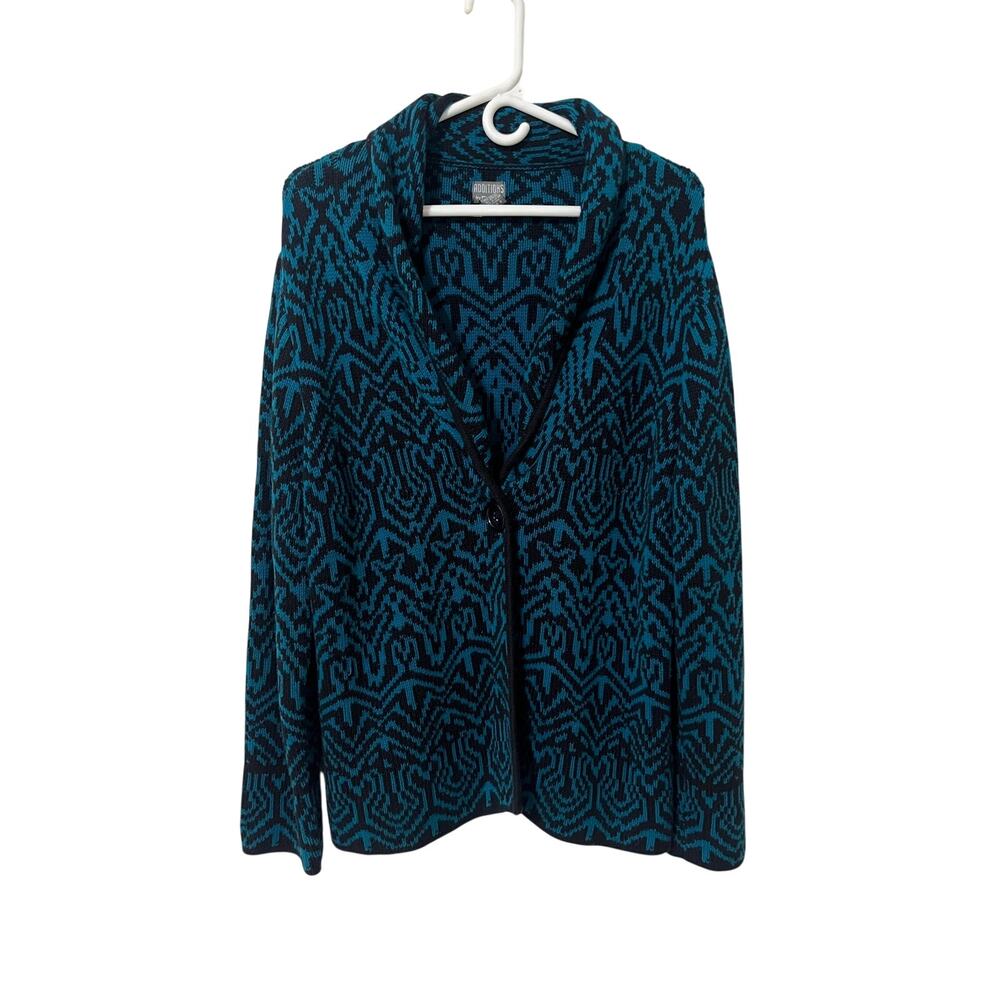 Vintage Additions by Chico's Geometric Knit Cardigan Sweater Teal Black Size 3